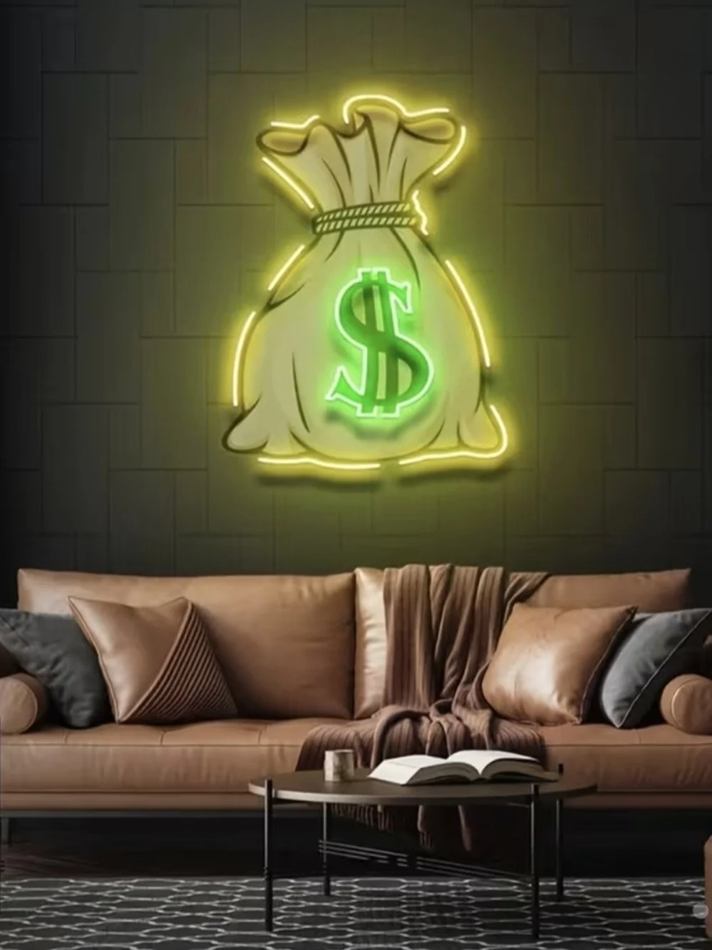 Money Bag Dollar Sign Neon Wall Light Lamp, Yellow Green Black
